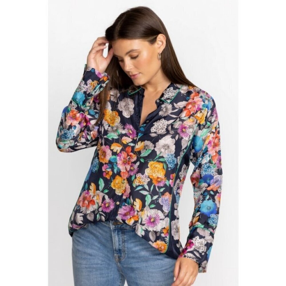 💕JOHNNY WAS💕 Fall Dancer Button Up Blouse ~ Multi-Color Floral Print XXS NWT